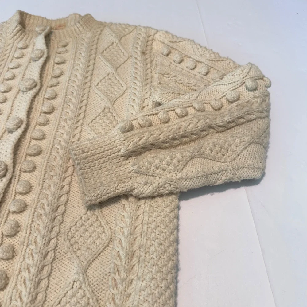Theresa Farren Hand Knit Wool Aran Cardigan Cream Cable Bobble Fisherman Sweater - Picture 4 of 11